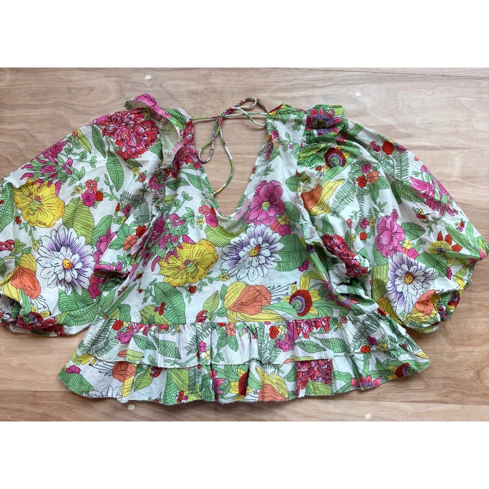Love The Label Floral Puff Sleeve Ruffle Top V-Neck Cotton Womens L Bohemian - Picture 6 of 8